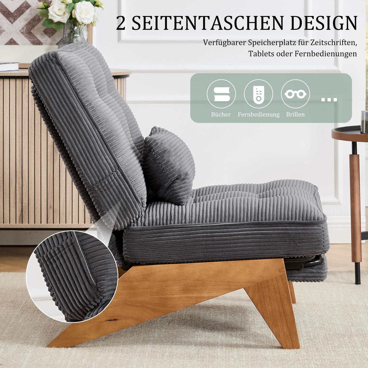 SCHAUKELSTUHL Dunkelgrau Cord mit Fußstütze, Lendenkissen und Holzbeinen - Dunkelgrau, Textil (73/90/127cm) - Oxeza