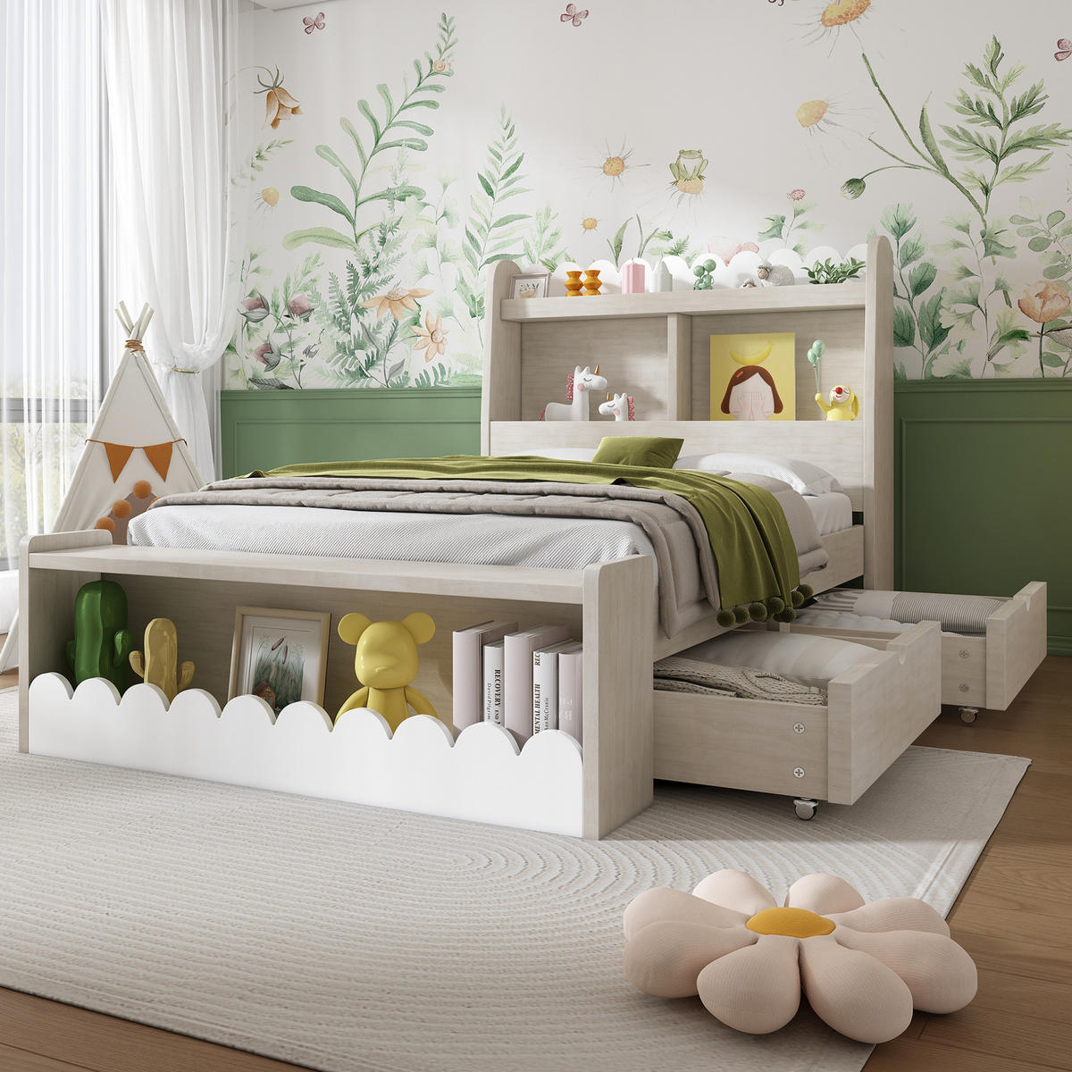 DĚTSKÁ postel 90/200 cm bílá a světlý dub z masivu a MDF s úložným prostorem - bílá, kompozitní dřevo (90/200cm) - OKWISH