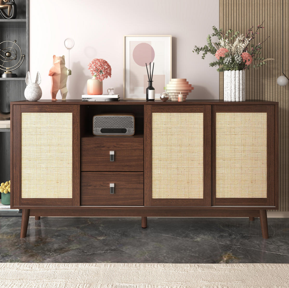 SIDEBOARD 155/38/80 cm Dunkles Holz aus MDF und Spanplatte mit Schiebetüren - Nussbaumfarben, Holzwerkstoff (38/80/155cm) - OKMYHOME