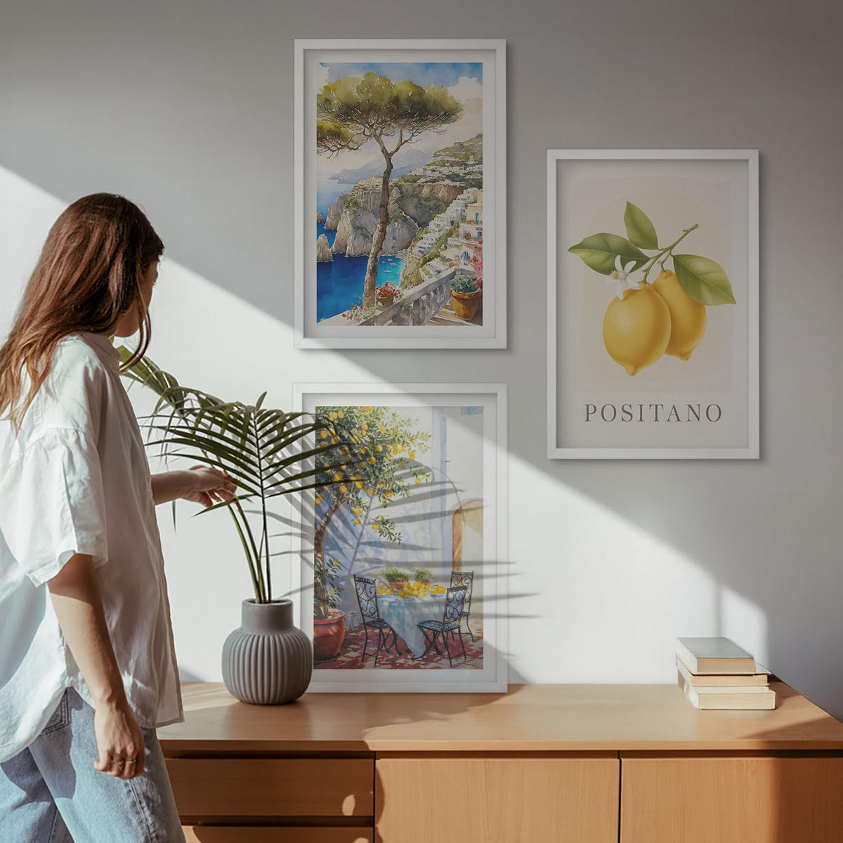 BILDER SET 3er Set - 40x60 cm Weißer Rahmen - Ansichten von Positano mit Zitronen - Weiß, Kunststoff (40/60cm) - TULUP