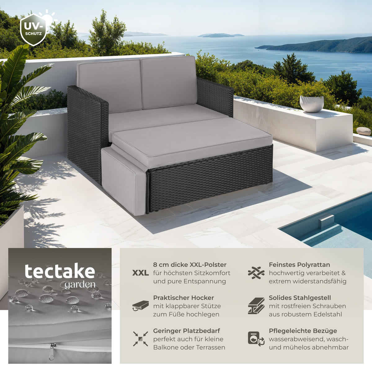 RATTANLOUNGE Korfu,Hocker mit klappbarer Stütze,schwarz/grau - Schwarz/Grau, Kunststoff - tectake