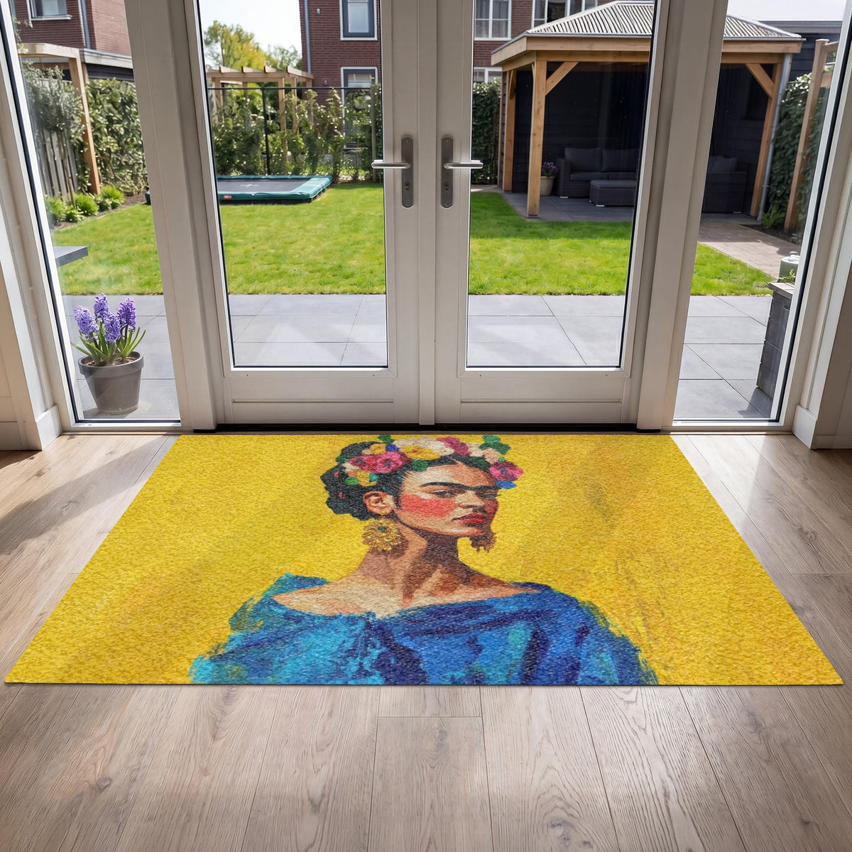 FUSSMATTE Frida Kahlo - Frau - Gelb - Blau - Blumen Schmutzfangmatte 180x120 cm - Gelb, Kunststoff (180/120cm) - MuchoWow