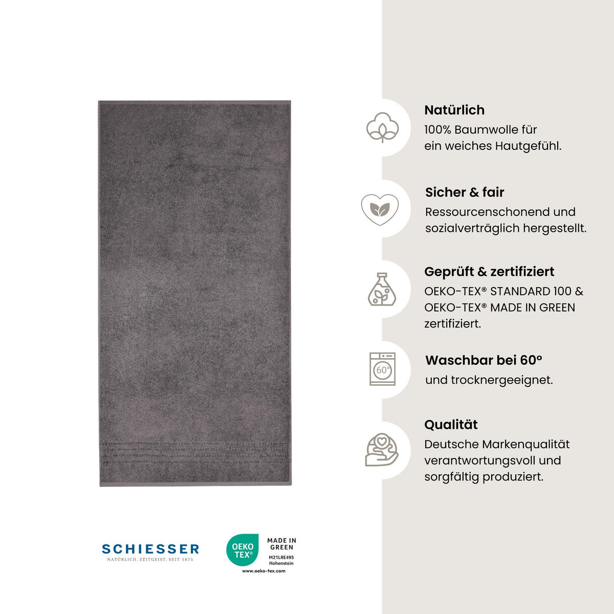 DUSCHTUCHSET Milano - 2-teilig - 70 x 140 cm - Dunkelgrau - Dunkelgrau, Textil (70/140cm) - SCHIESSER