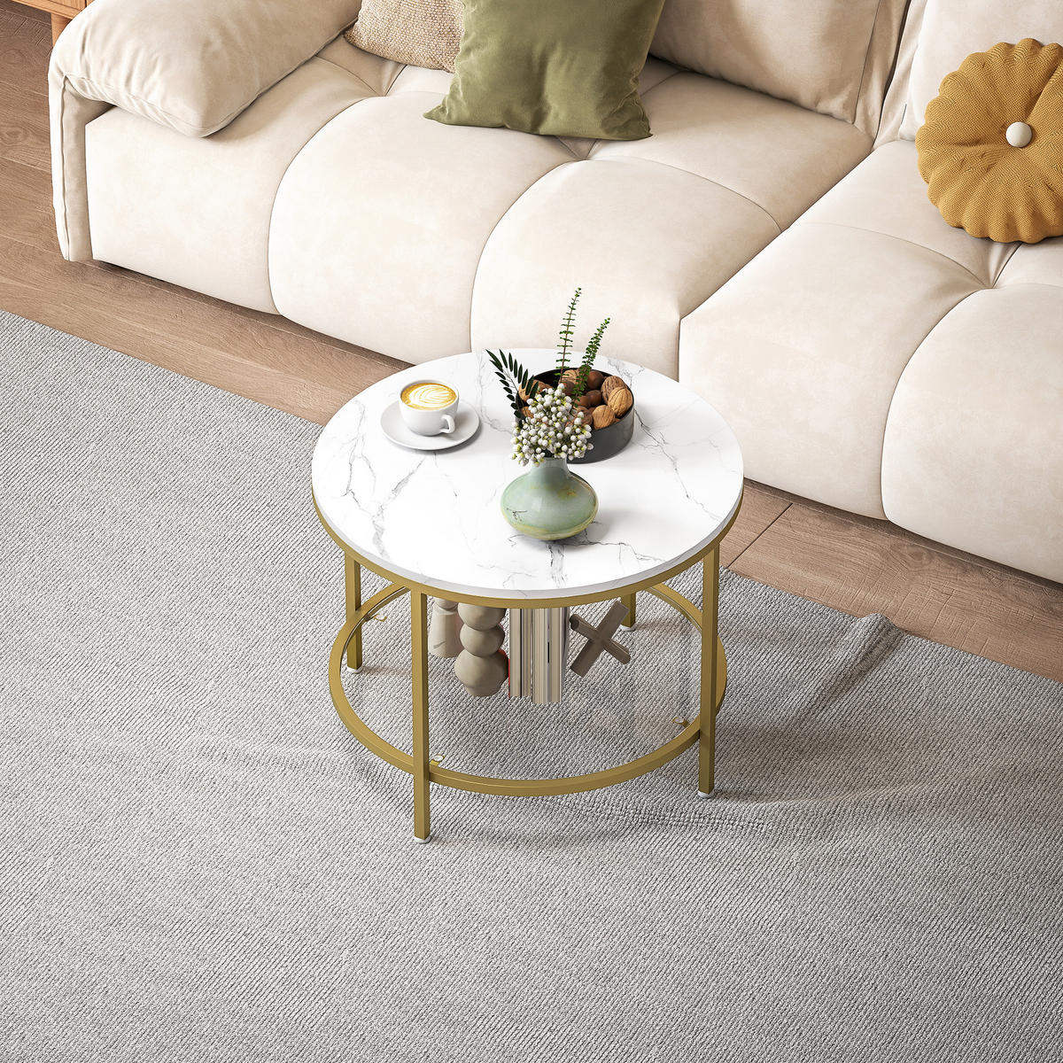 COUCHTISCH DE-15785 mit Marmoroptik & Glasablage Weiß - Weiß, Holzwerkstoff (60/60/45cm) - ComfortXL