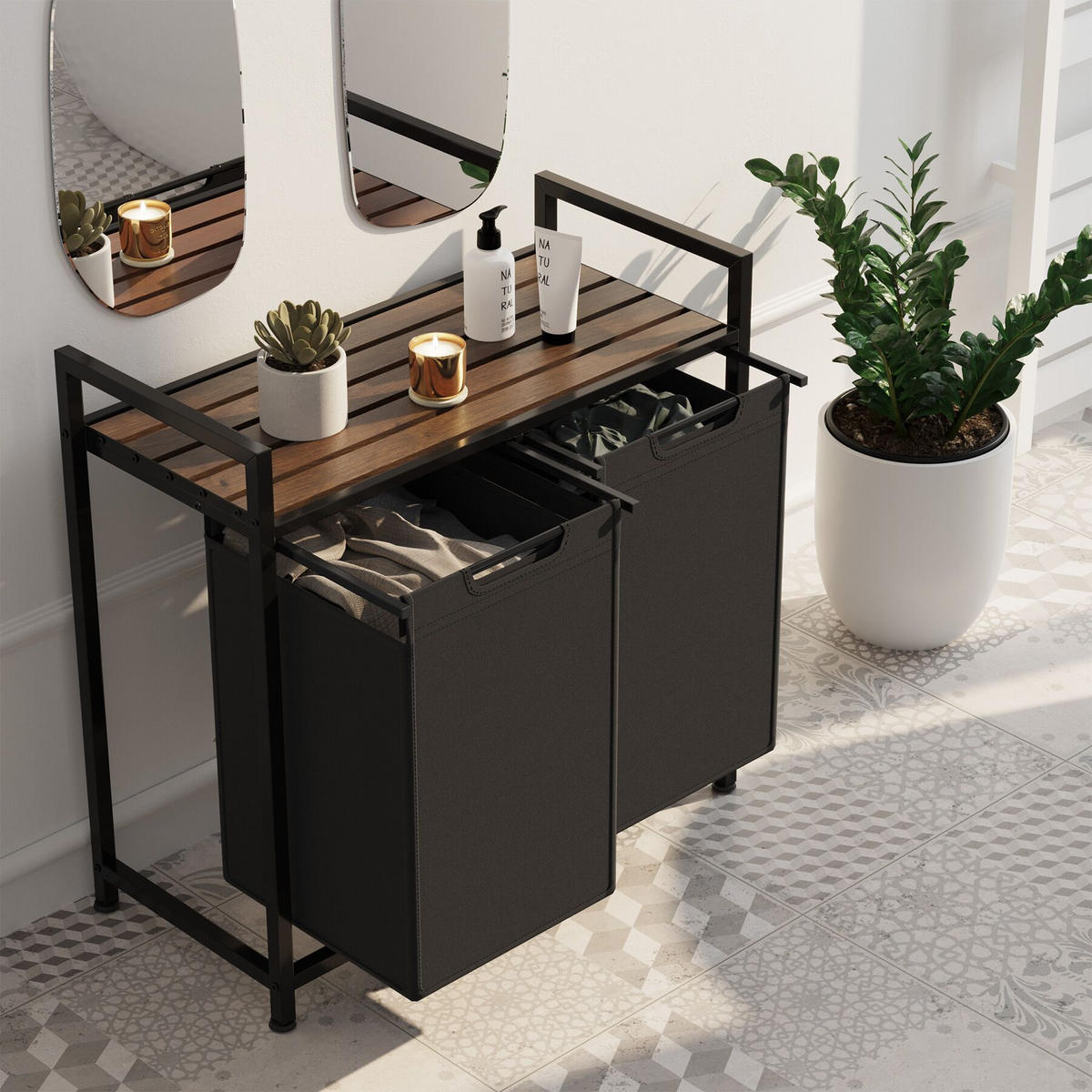 WÄSCHESORTIERER, höhenverstellbare Kunststofffüße, schwarz/braun - Schwarz/Braun, Metall (74/72/34cm) - tectake