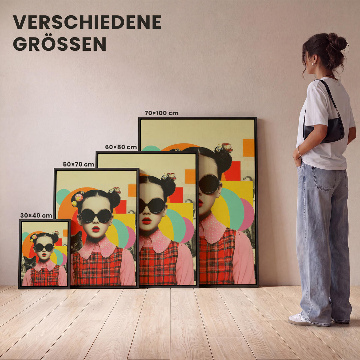 LEINWAND Bilder mit Rahmen - Mädchen - Sonnenbrille - Katze - Retro - 60x80 - Beige, Textil (60/80cm) - MuchoWow