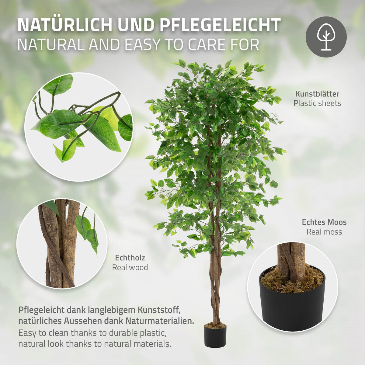 UMĚLÁ ROSTLINA Ficus 180 cm s kmenem z přírodního dřeva pro vnitřní i venkovní použití - černá/zelená barva, textil/plast (180cm) - ML-DESIGN