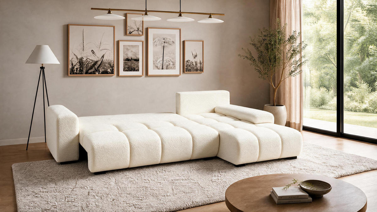 ECKSOFA Ovia mit Bettkasten und Schlaffunktion, Bouclé-Stoff in L-Form - Beige, Textil (270/185cm)