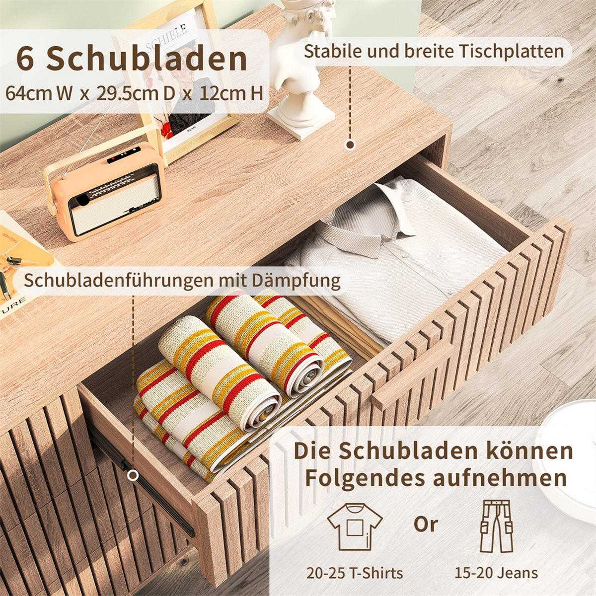KOMMODE mit 6 Schubladen - gerillte Fronten und konische Beine - für Wohnzimmer und Schlafzimmer - Eichefarben, Holzwerkstoff (100/73/34cm) - DELFA