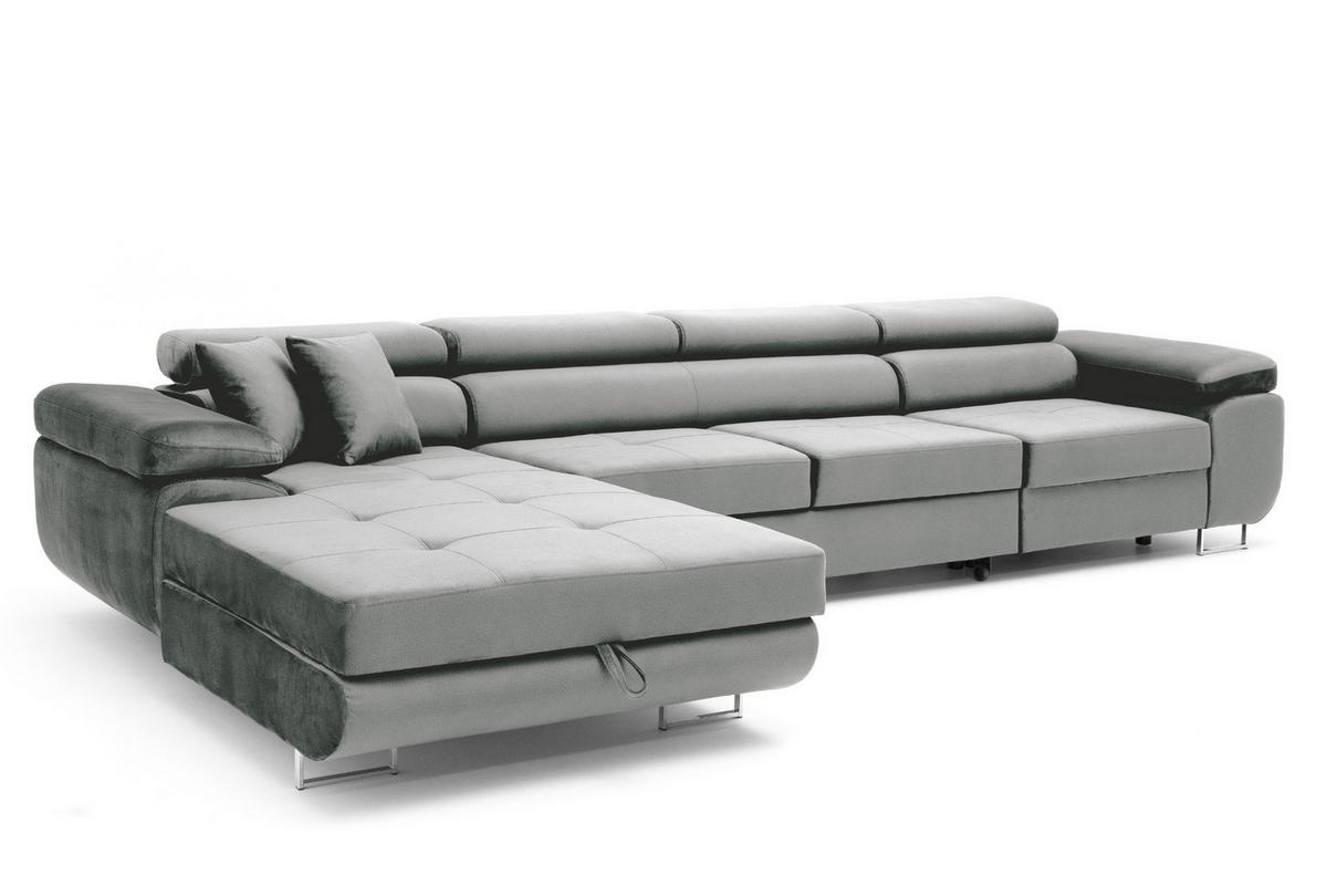 ECKSOFA ALONZO MAXI Links mit Schlaffunktion 125x195 Velours Hellgrau - Silberfarben/Hellgrau, Holz/Textil (350/203cm) - Muffo