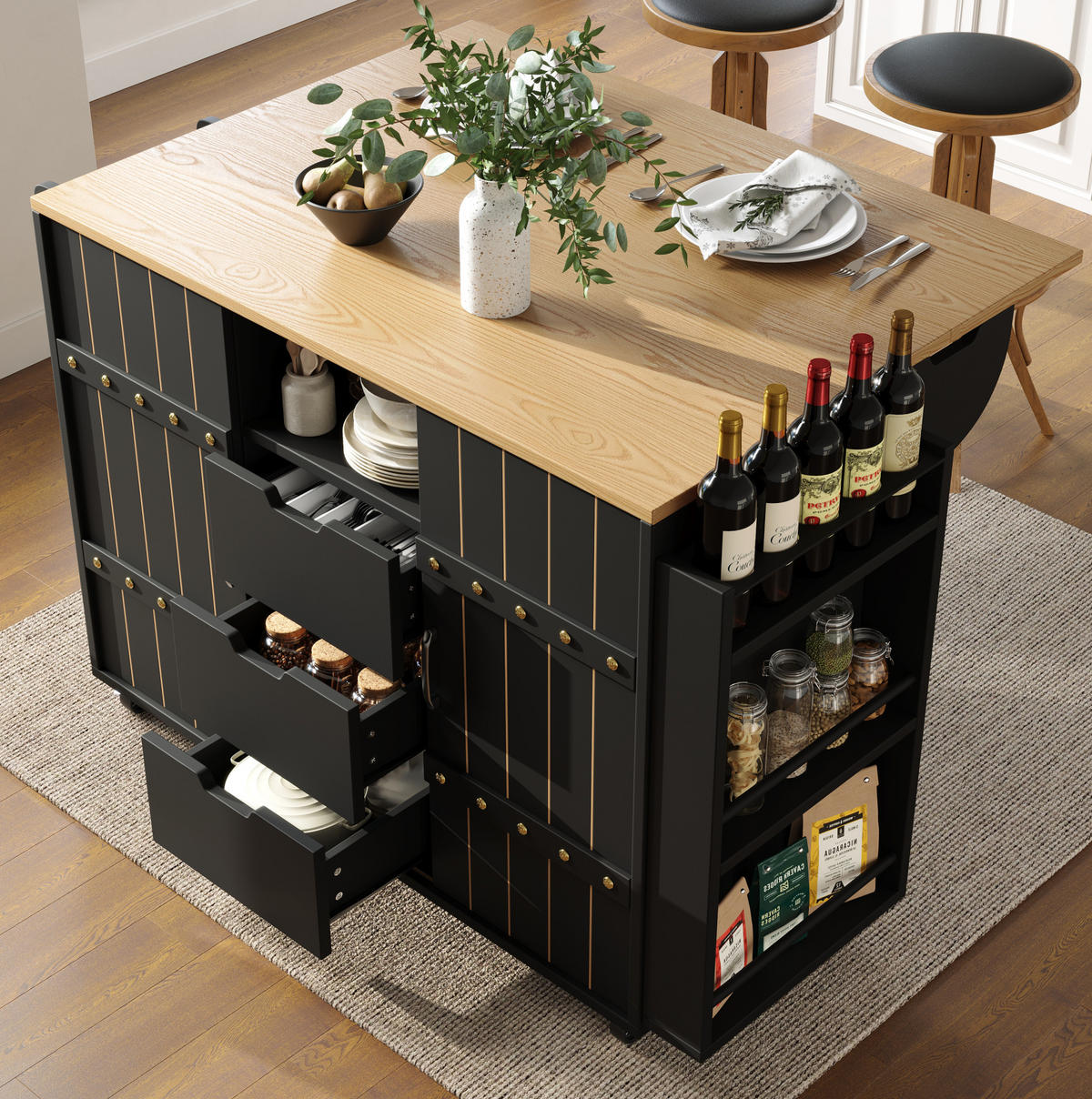 KÜCHENINSEL 110/42/90 cm schwarz mit Klapptisch mit Schiebetüren und Schubladen - Schwarz, Holzwerkstoff (110/90/42cm) - OKWISH
