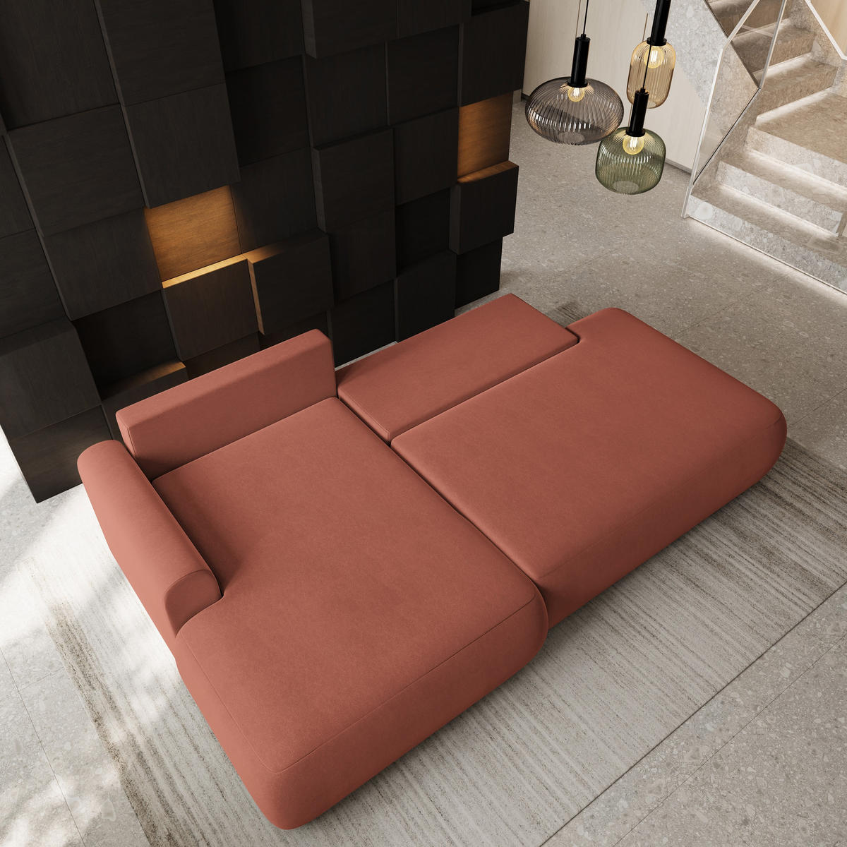 ECKSOFA NUVIRA CL L-S Koralle Samtstoff mit Schlaffunktion - Koralle, Holzwerkstoff/Textil (279/158cm) - MASSENO