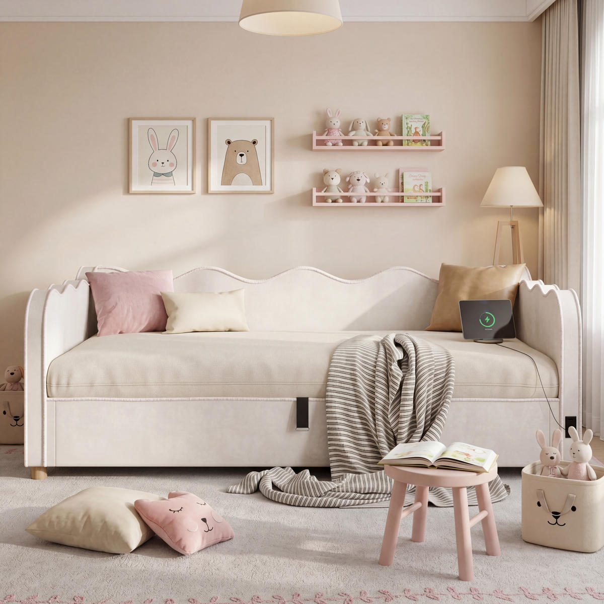 BETT mit Stauraum 90x200 cm Samt Beige - Beige, Metall (90/200cm) - Meubliv