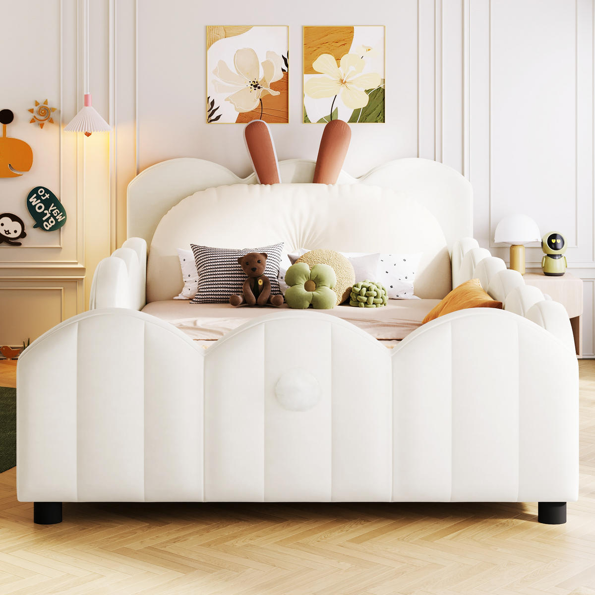 KINDERBETT 90/200 cm in Beige Samt mit Schutzgeländern und Kaninchen-Kopfteil - Beige/Schwarz, Holzwerkstoff/Textil - STILVORA