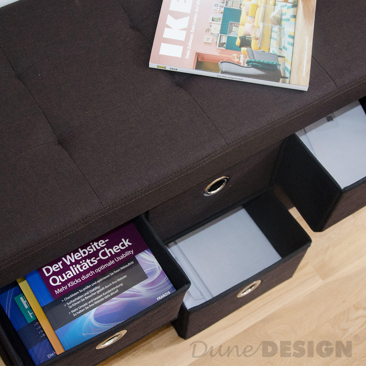 SITZBANK Faltbar, 76/38/38 cm, mit 6 Schubladen, 80 Liter, Dunkelbraun - Braun, Textil (38/38/76cm) - Dunedesign