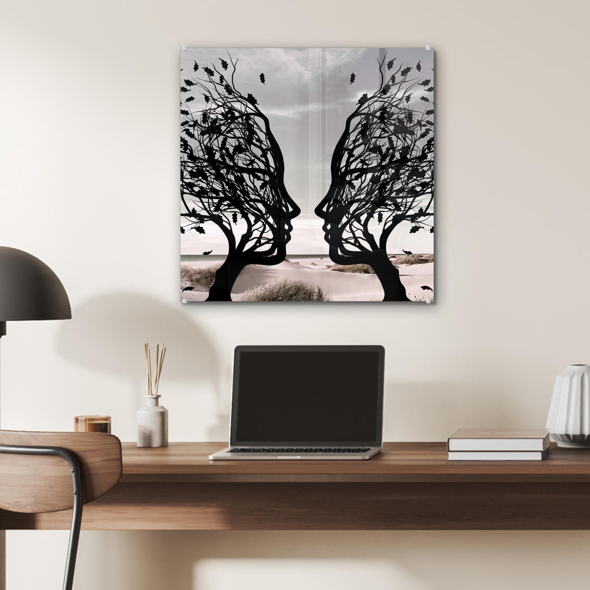 ACRYLGLASBILD Strand - Meer - Menschen - Baum - Moderne Kunst 50x50 cm - Hellgrau, Glas (50/50cm) - MuchoWow