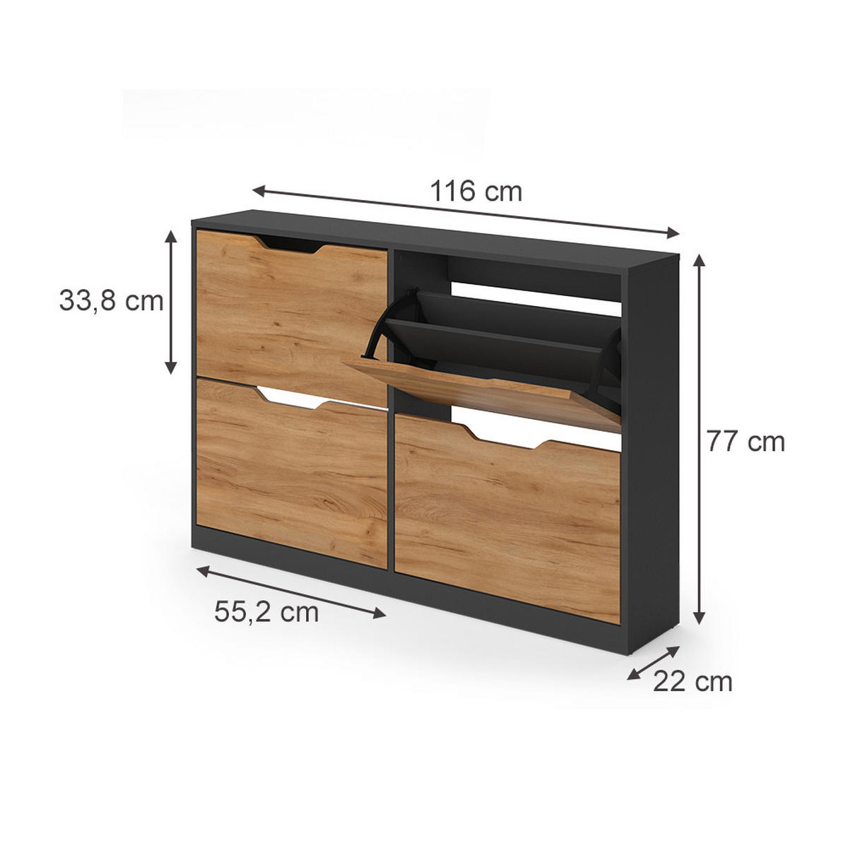 SCHUHKIPPER Luca, Anthrazit/Goldkraft Eiche, 116 x 77 cm mit 2x2 Kippfächern - Honigeiche/Anthrazit, Holzwerkstoff (116/77/22cm) - Vicco