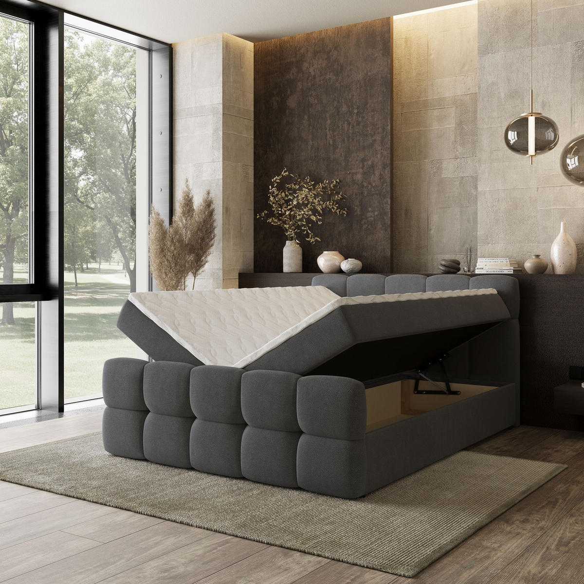 BOXBETT BRUME 180x200 cm mit Matratze und Topper, H2+H3 - Graphitfarben - Graphitfarben, Holz (180/200cm) - MASSENO