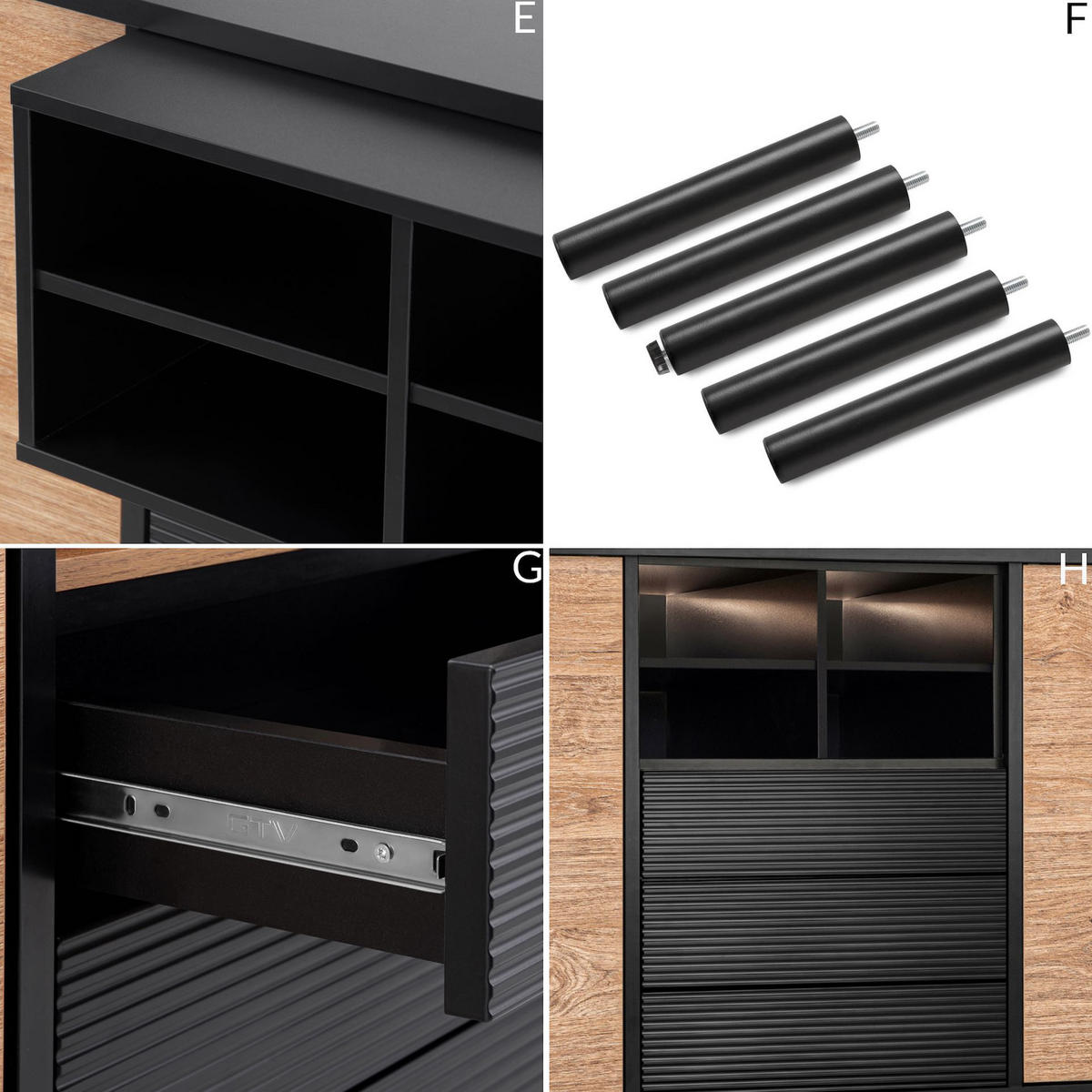 KOMMODE LOFTY Kreuzeinlage, schwarz / Eiche natur - Eichefarben/Schwarz, Holzwerkstoff (151/84/41cm) - KONSIMO®