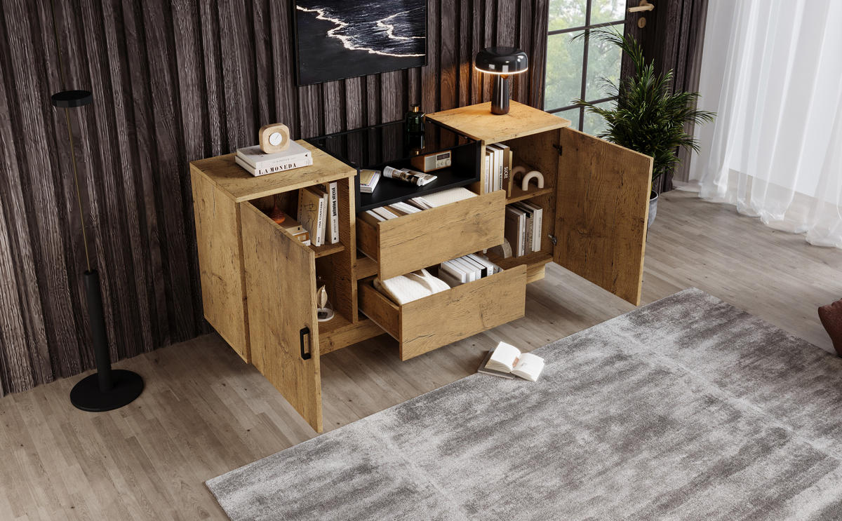 SIDEBOARD in Eichenoptik mit braun getöntem ESG-Glas, 2 Schubladen, 2 Türen und offenem Fach, schwarze Griffe, 140/40/70 cm, Eichenoptik - Eichefarben, Holzwerkstoff (140/70/40cm) - Redom