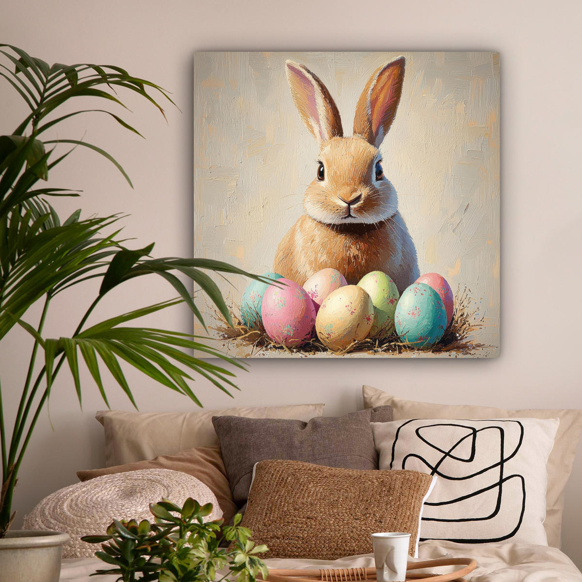 LEINWANDBILD Osterhase - Pastell - Eier Deko Groß 90x90 cm - Beige, Textil (90/90cm) - MuchoWow
