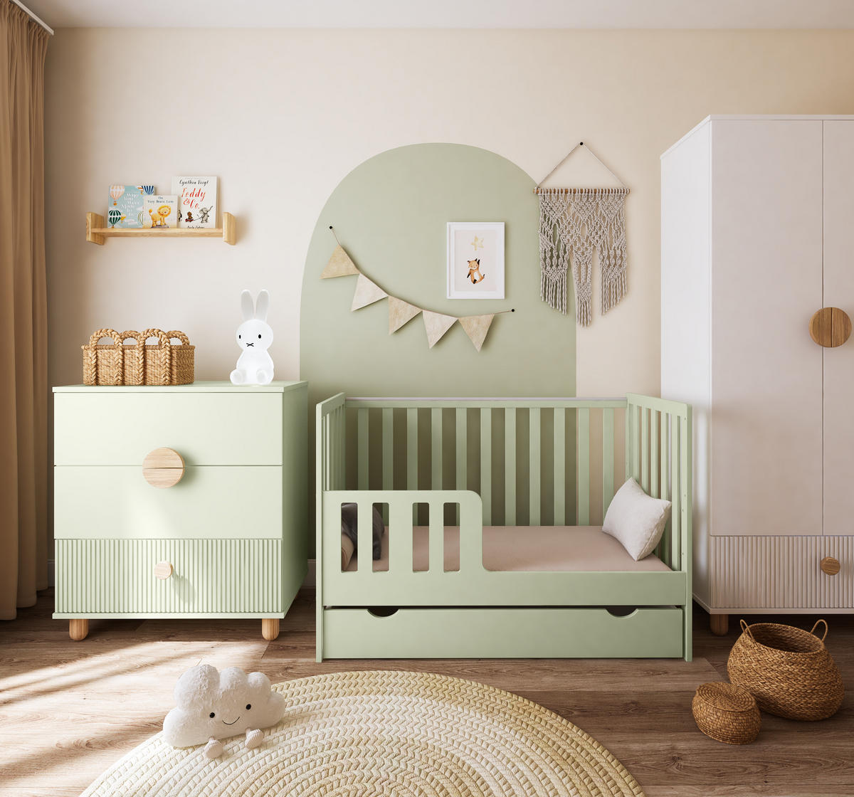 BABYBETT Lio mit Matratze und Schublade - Mintgrün, Holzwerkstoff (60/120cm) - kiki design