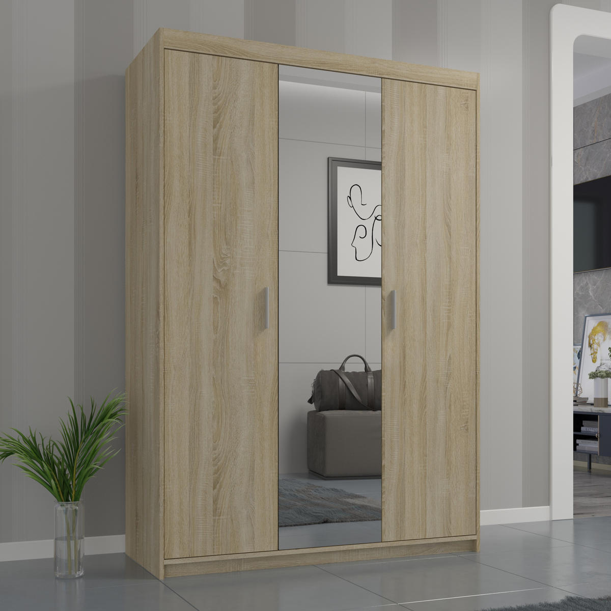 DREHTÜRENSCHRANK ELENORA 133/190,5/53cm 3-türig mit Spiegel Sonoma Eiche - Sonoma Eiche, Holzwerkstoff (133/190.5/53cm) - MASSENO