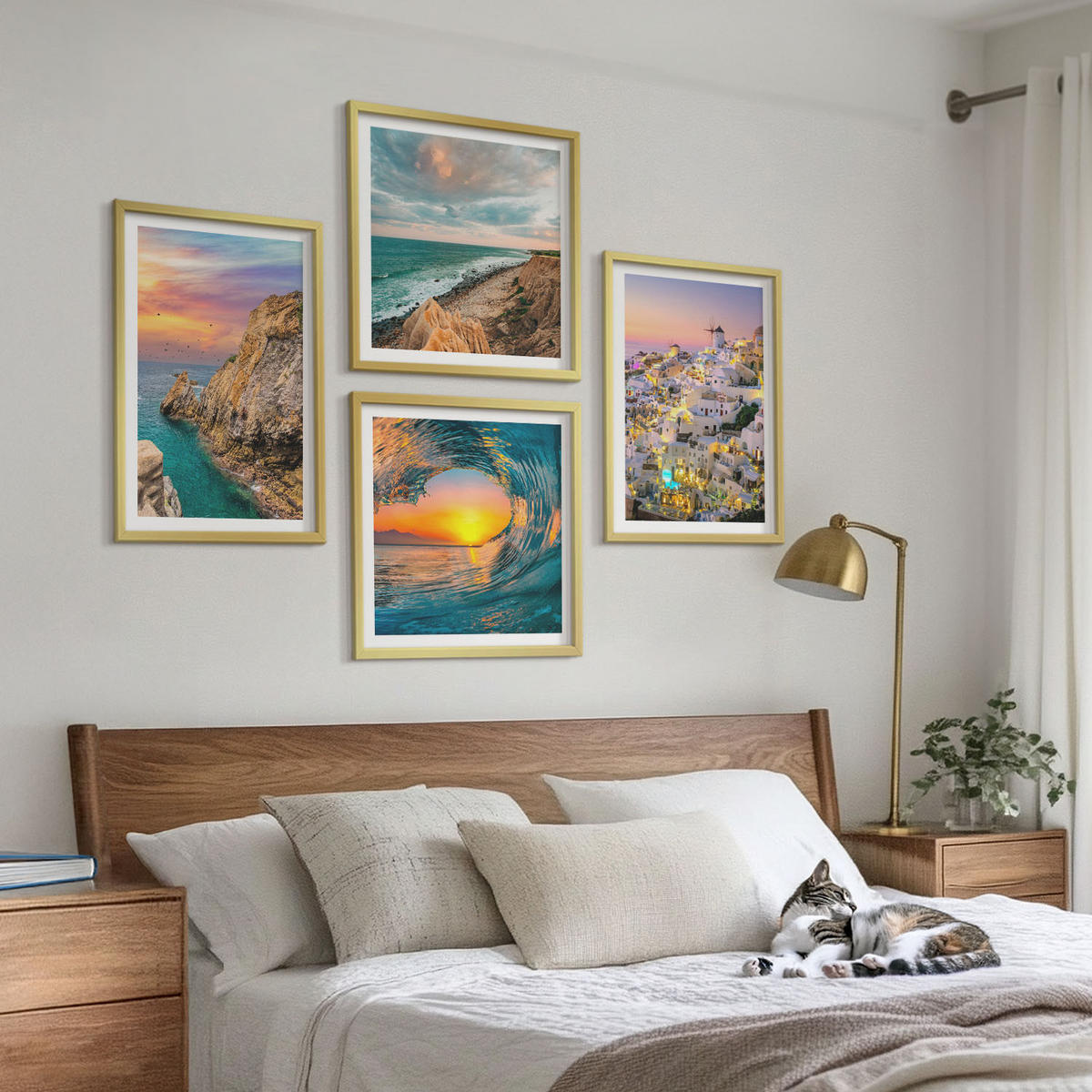 BILDER SET 4er Set - 50x50 cm & 40x60 cm Goldrahmen - Meereswellen, weiße Häuser, Santorini - Goldfarben, Kunststoff (50/50cm) - TULUP