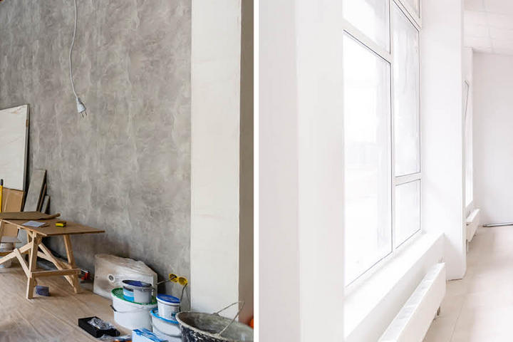 Vorher-Nachher-Bild eines Raumes: links unrenoviert mit Werkzeugen und Materialien, rechts nach der Renovierung, hell und leer.