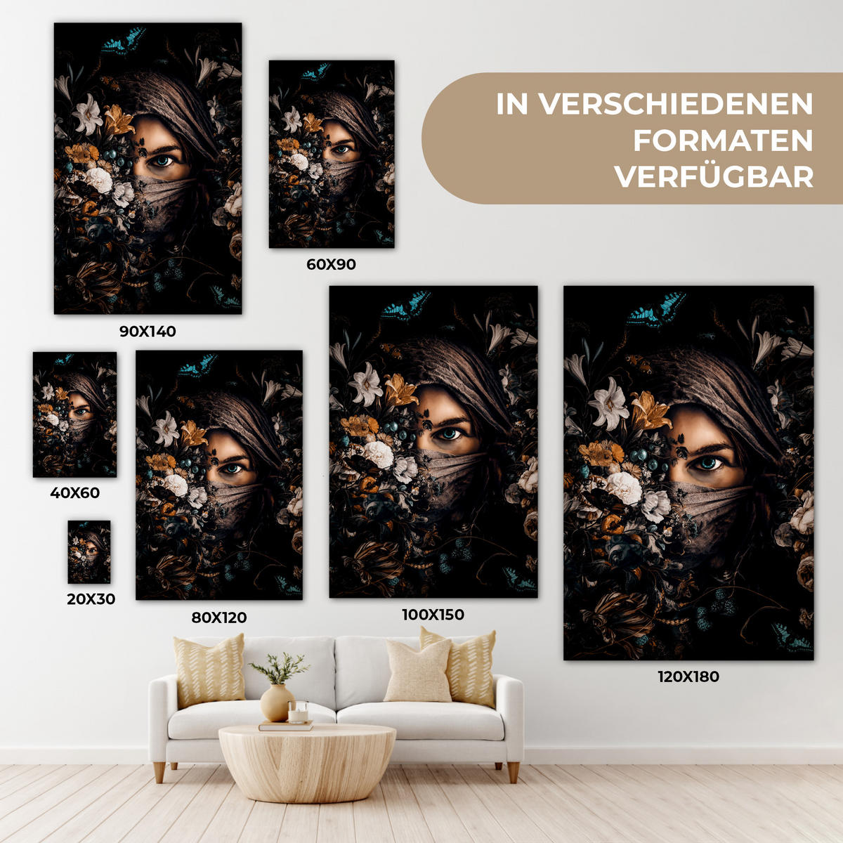 LEINWANDBILD Frau - Luxus - Blumen - Schmetterling - Porträt 20x30 cm - Schwarz, Textil (20/30cm) - MuchoWow