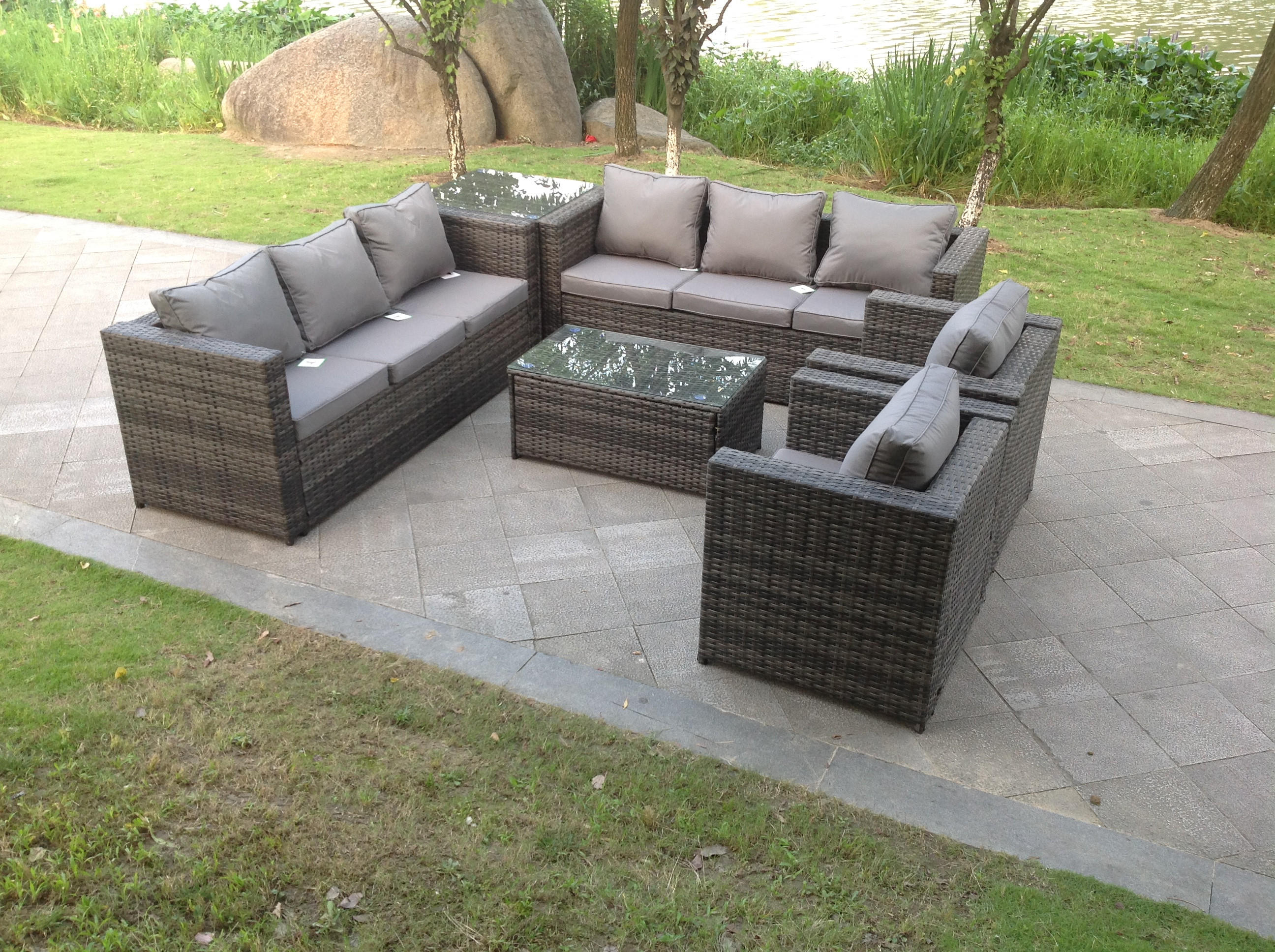 GARTENSET Polyrattan 8-Sitzer - Dunkelgrau/Grau, Glas/Kunststoff - Fimous