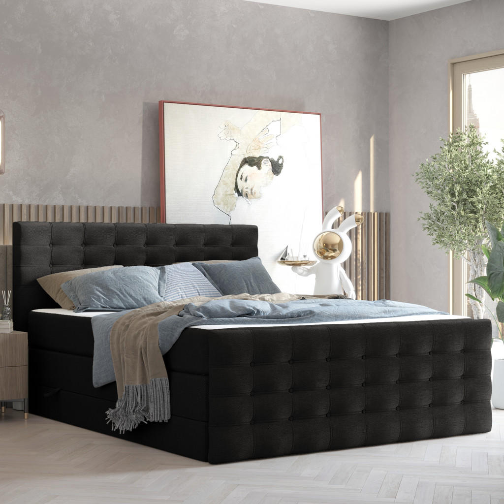 Thumbnail - Maison de Reve Boxspringbett, Schwarz, Textil, Buche, Kiefer, H2, Höhe ca. 40 cm, 200x200 cm, Oeko-Tex® Standard 100, FS...