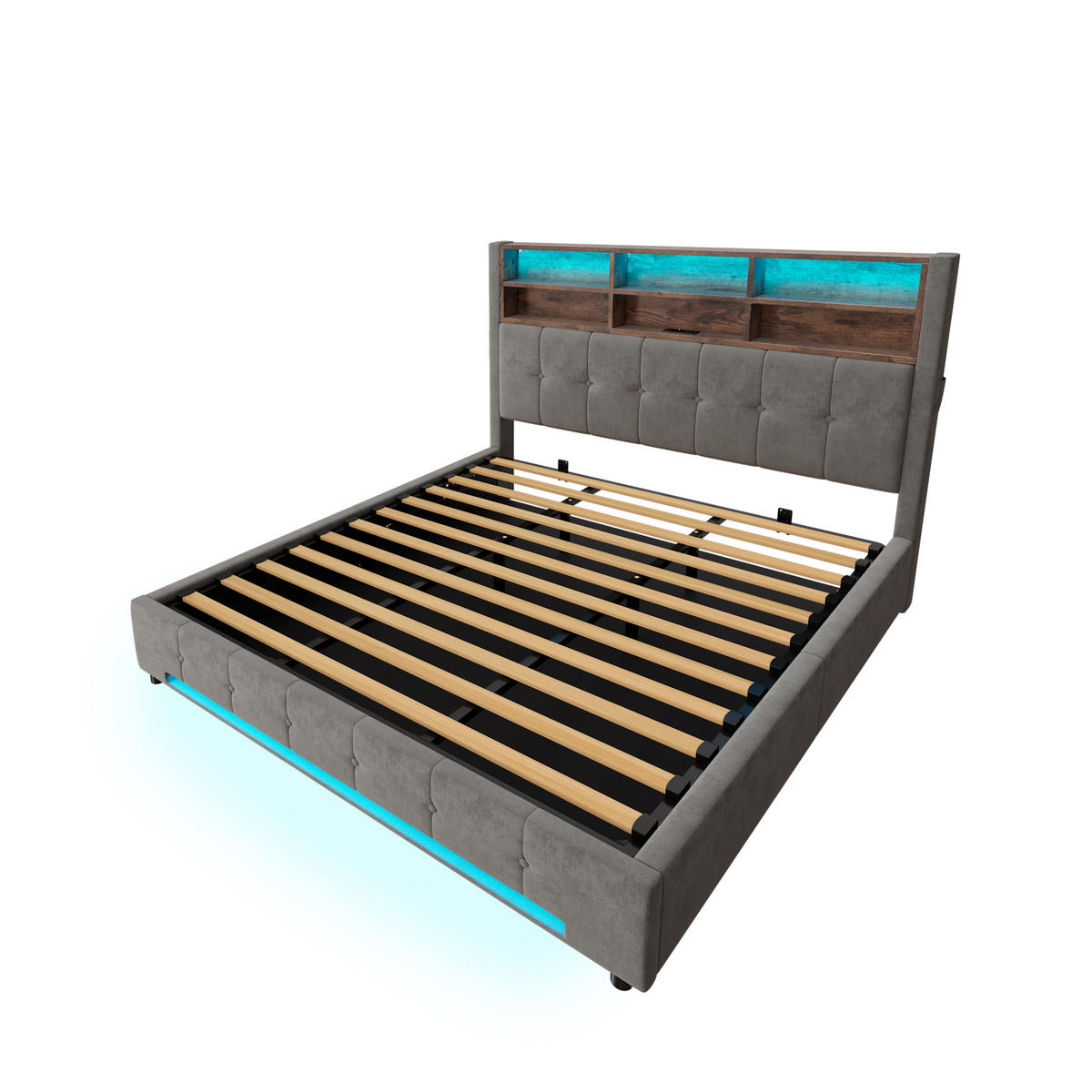 POLSTERBETT 180/200 cm Dunkelgrau mit 6 Fächer, Seitentaschen, USB-C und LED - Dunkelgrau, Textil (180/200cm) - Oxeza