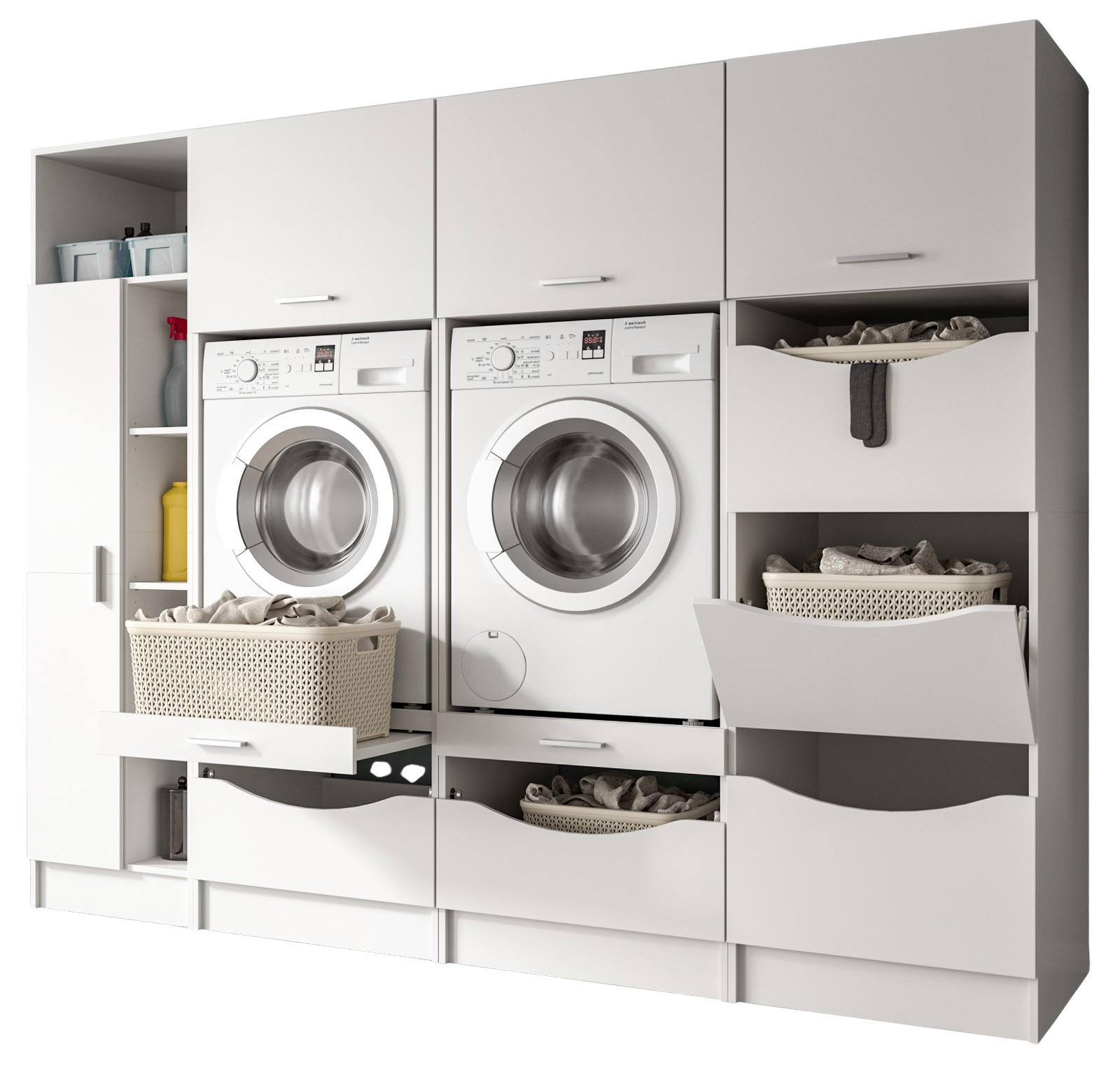 WASCHMASCHINENSCHRANK weiß Set 4-teilig, Waschmaschinenumbau 242 cm mit viel Stauraum - Silberfarben/Weiß, Glas/Holzwerkstoff (242/192/68cm) - Inn.Furn