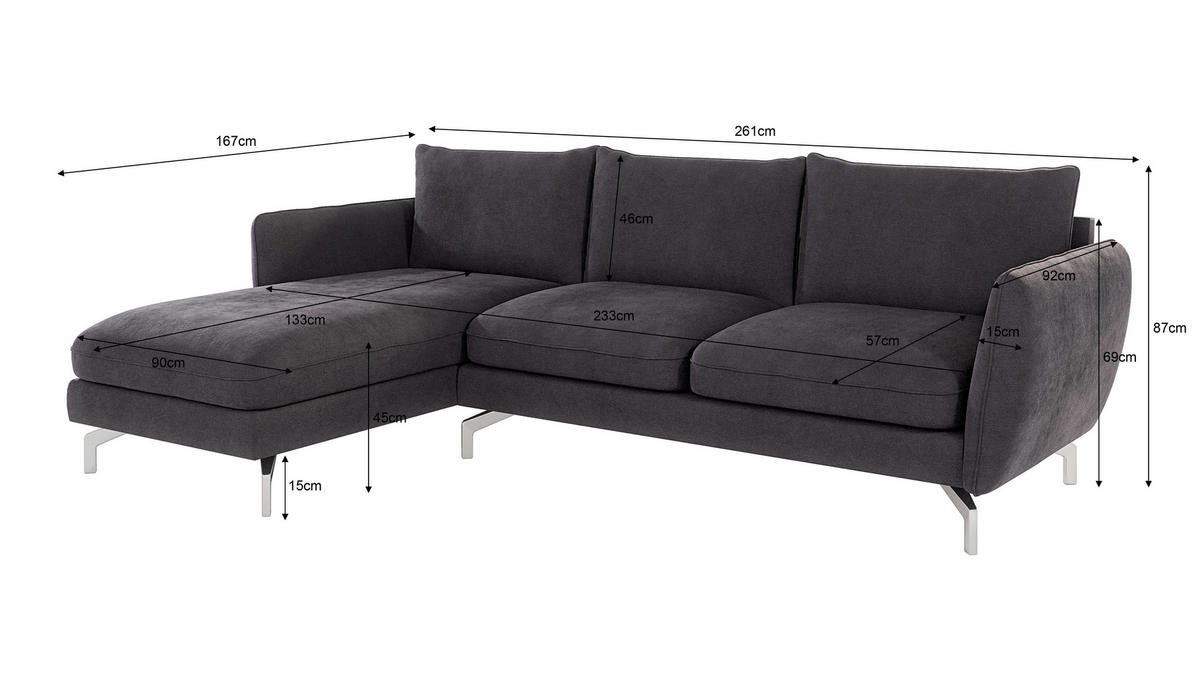 ECKSOFA Elou Graphit Microfaser - Chromfarben/Graphitfarben, Holz/Textil (261/167cm) - S-Style Möbel