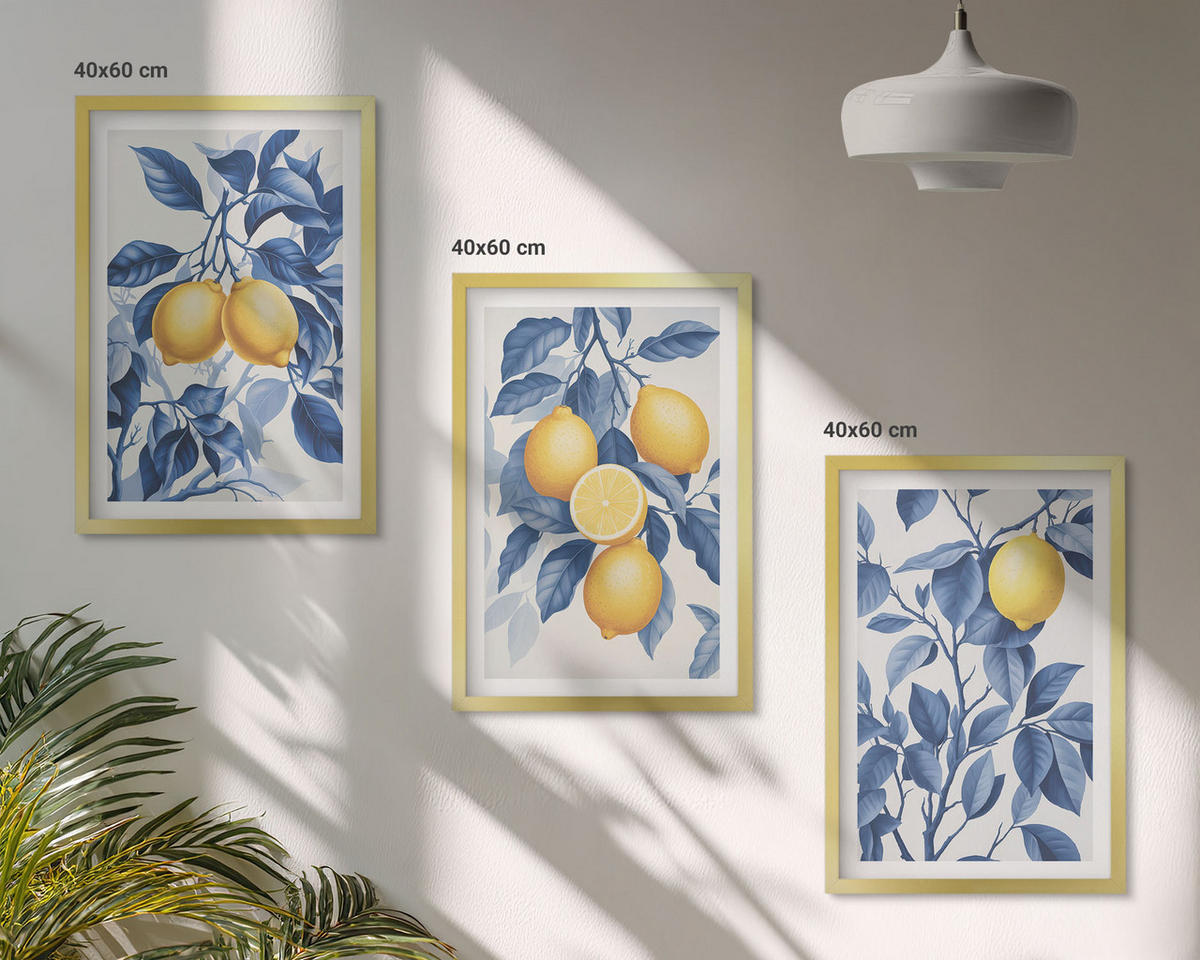 WANDBILDER 3er Set - 40x60 cm Goldrahmen - Zitronenzweige mit blauen Blättern - Goldfarben, Kunststoff (40/60cm) - ArtPrintCave