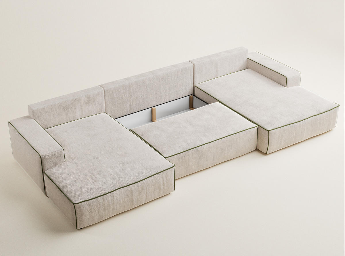 WOHNLANDSCHAFT Deseo Creme-Olivgrün Chenille-Stoff - Creme/Schwarz, Holz/Holzwerkstoff (398/70/148cm) - Maison de Reve
