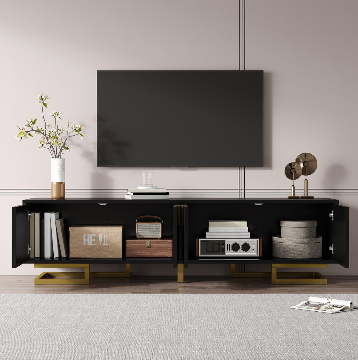 TV-LOWBOARD aus Spanplatte 160x38x44,5 cm Schwarz mit 4 Türen, goldfarbenen Metallbeinen und verstellbaren Füßen - Schwarz, Holzwerkstoff (160/44.5/38cm) - Modfu
