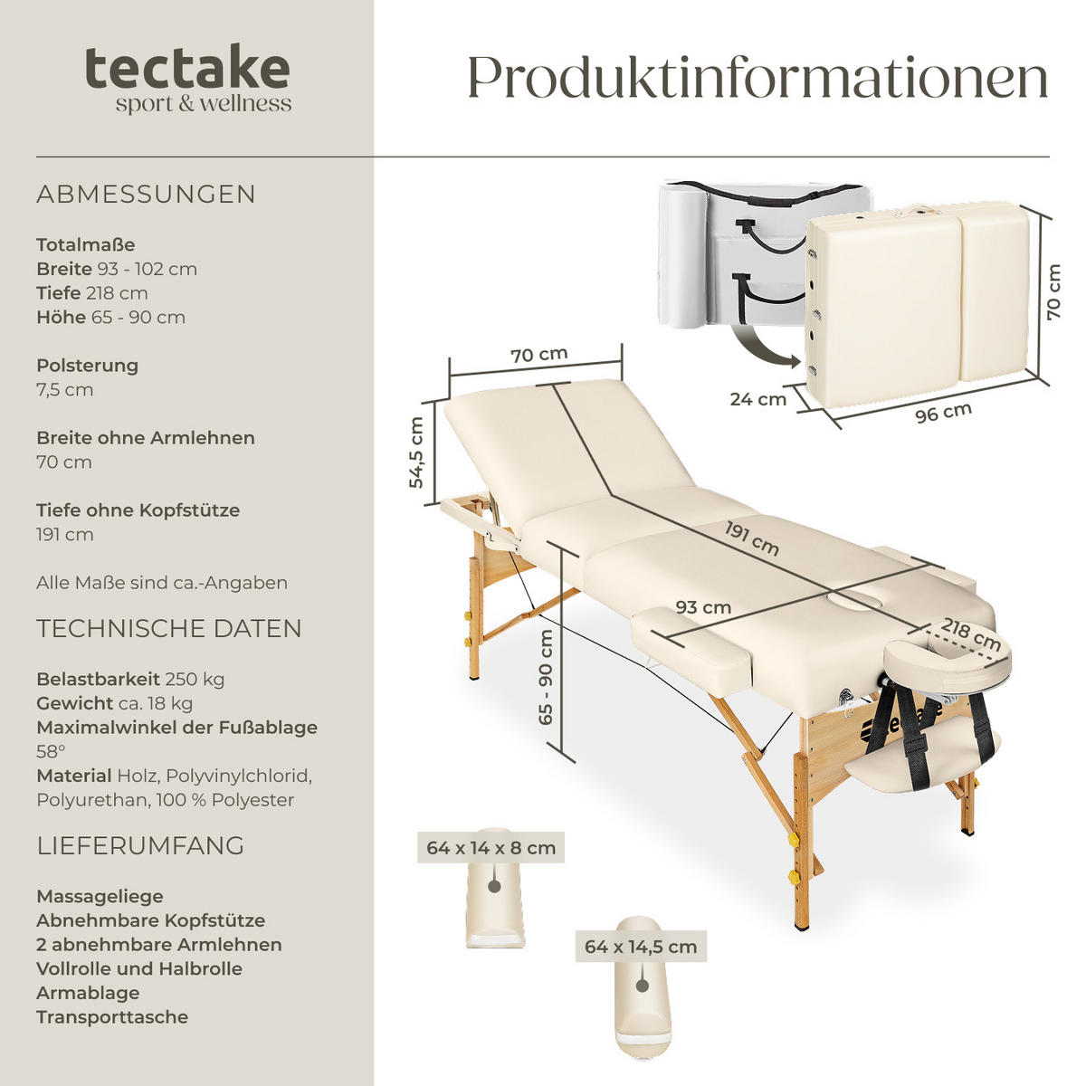 MASSAGELIEGE-SET 3 Zonen Somwang,218 x 102 x 90 cm,beige - Beige, Textil (108/90/218cm) - tectake