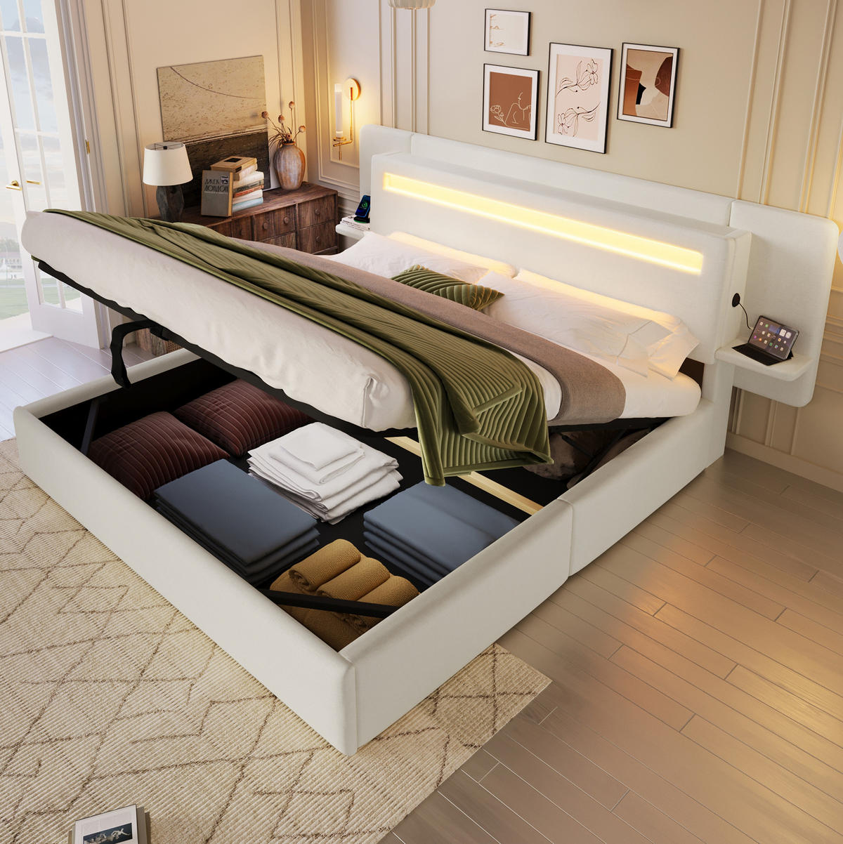 POLSTERBETT aus MDF und Leinen 180x200 cm Beige mit Bettkasten, LED-Beleuchtung, Nachttisch und USB-Anschluss - Beige, Textil (180/200cm) - Modfu