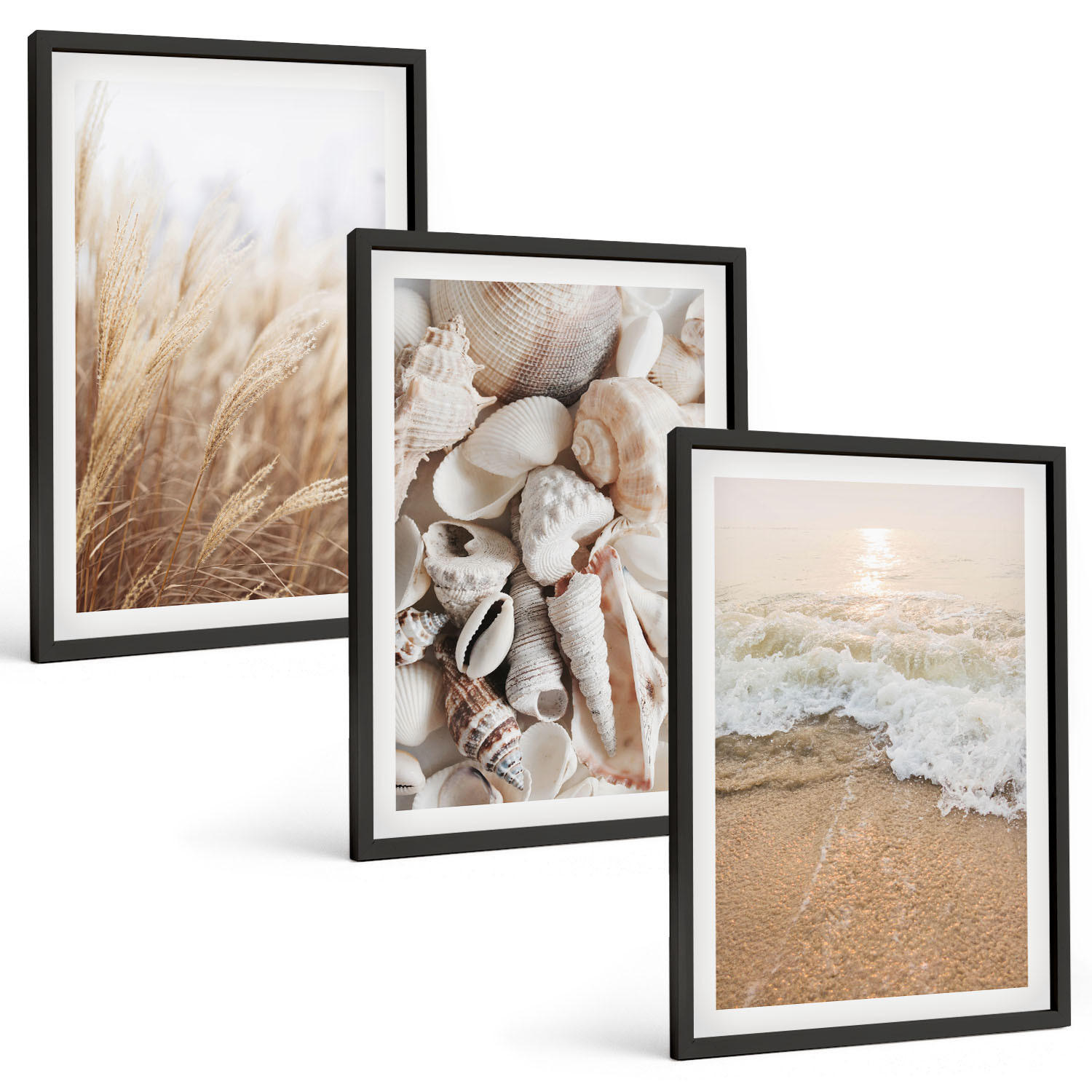 BILDER SET 3er Set - 40x60 cm Schwarzer Rahmen - Strandmotive, Muscheln, Wellen - Schwarz, Kunststoff (40/60cm) - TULUP