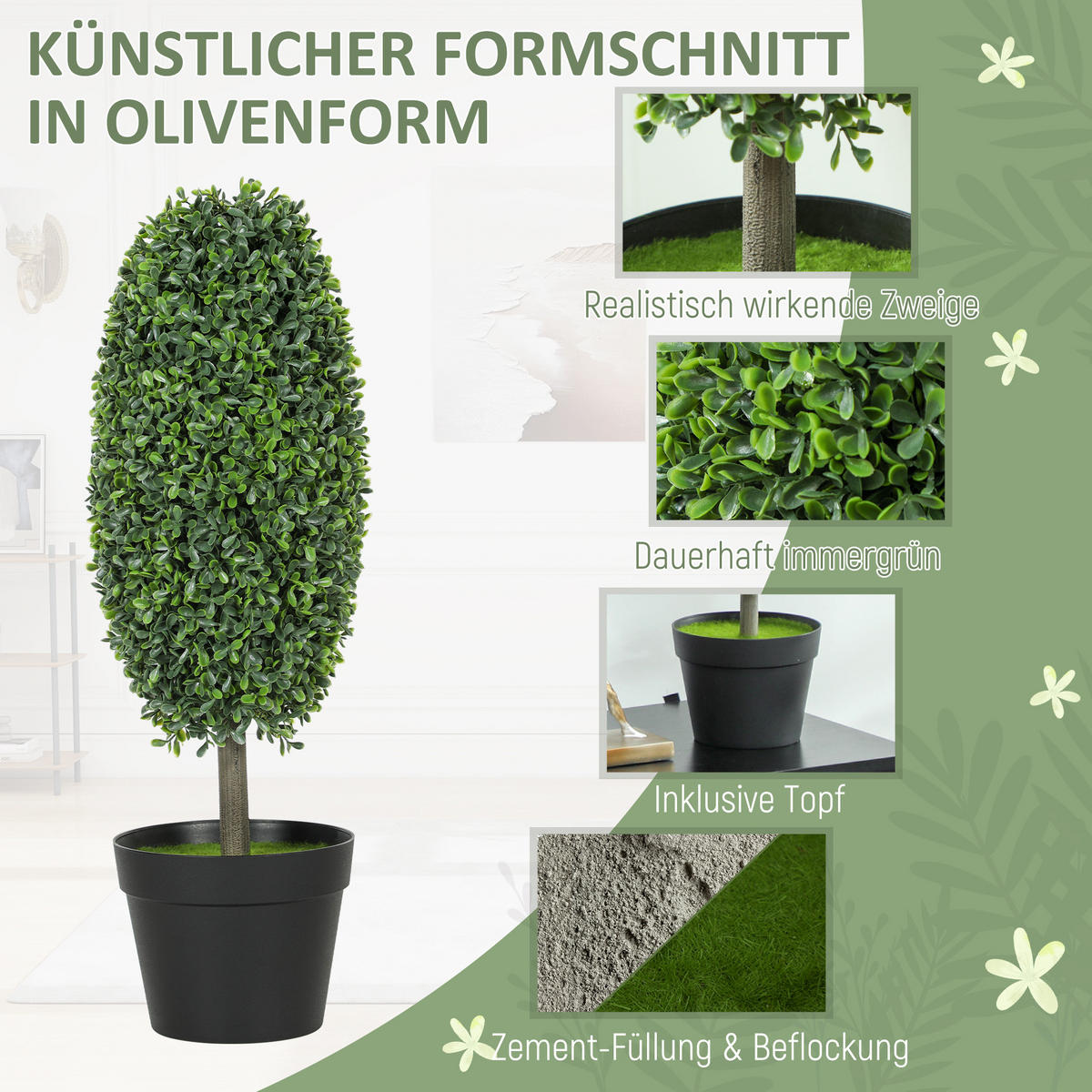 KÜNSTLICHE Buchsbaum 2er-Set 60 cm Kunstpflanze im Olivenform, Dekoration - Schwarz/Grün, Kunststoff (60cm) - HOMCOM