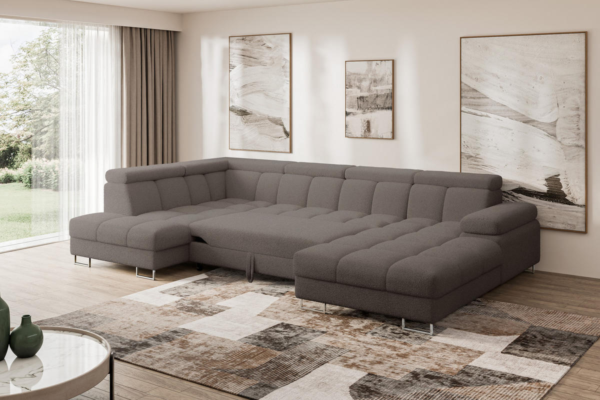 WOHNLANDSCHAFT mit Schlaffunktion und Bettkasten Ottomane Links COMA U 345x203x79 Braun Bouclé - Dunkelbraun, Holzwerkstoff/Textil (345/79/203cm) - ALTDECOR