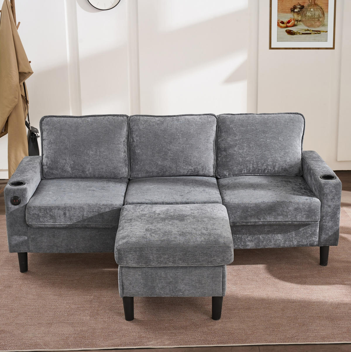SOFA L-Form mit USB, Typ-C und Hocker 202 x 137 cm Leinen Grau - Grau, Kunststoff (137/202cm) - Meubliv