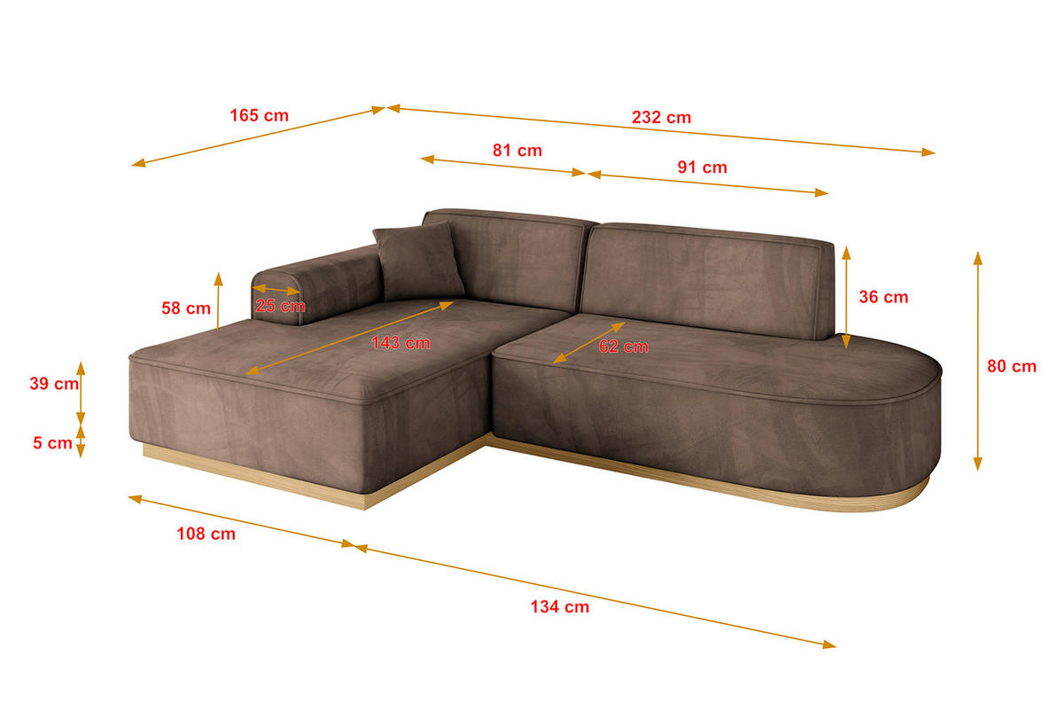 ECKSOFA Ottomane Links IREA-L1-v2 - 232x165x80 cm Braun - Braun, Holzwerkstoff/Textil (232/165cm) - ALTDECOR