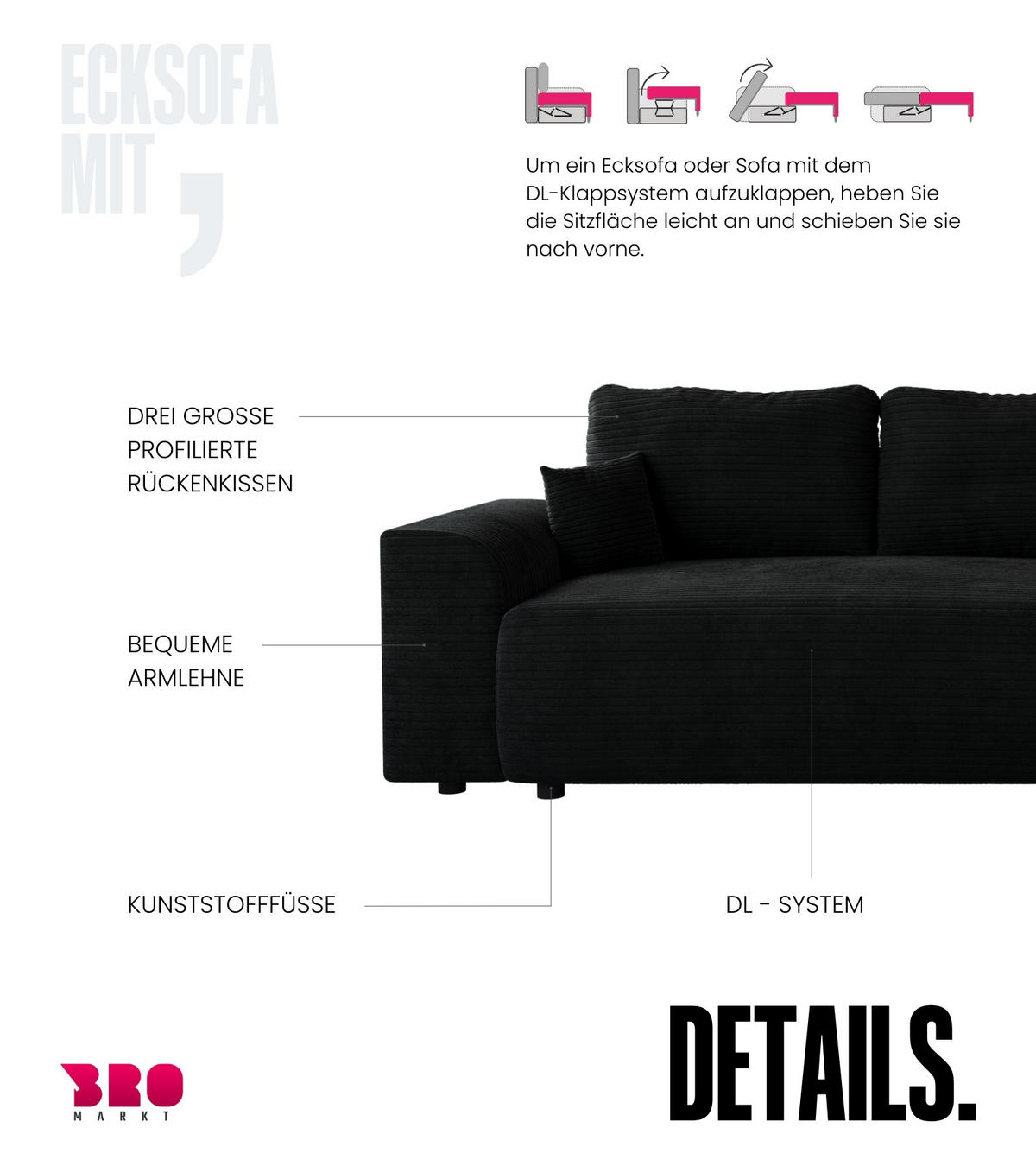 ECKSOFA Romeo mit Schlaffunktion Schwarz - Schwarz, Textil (285/185cm) - Bromarkt