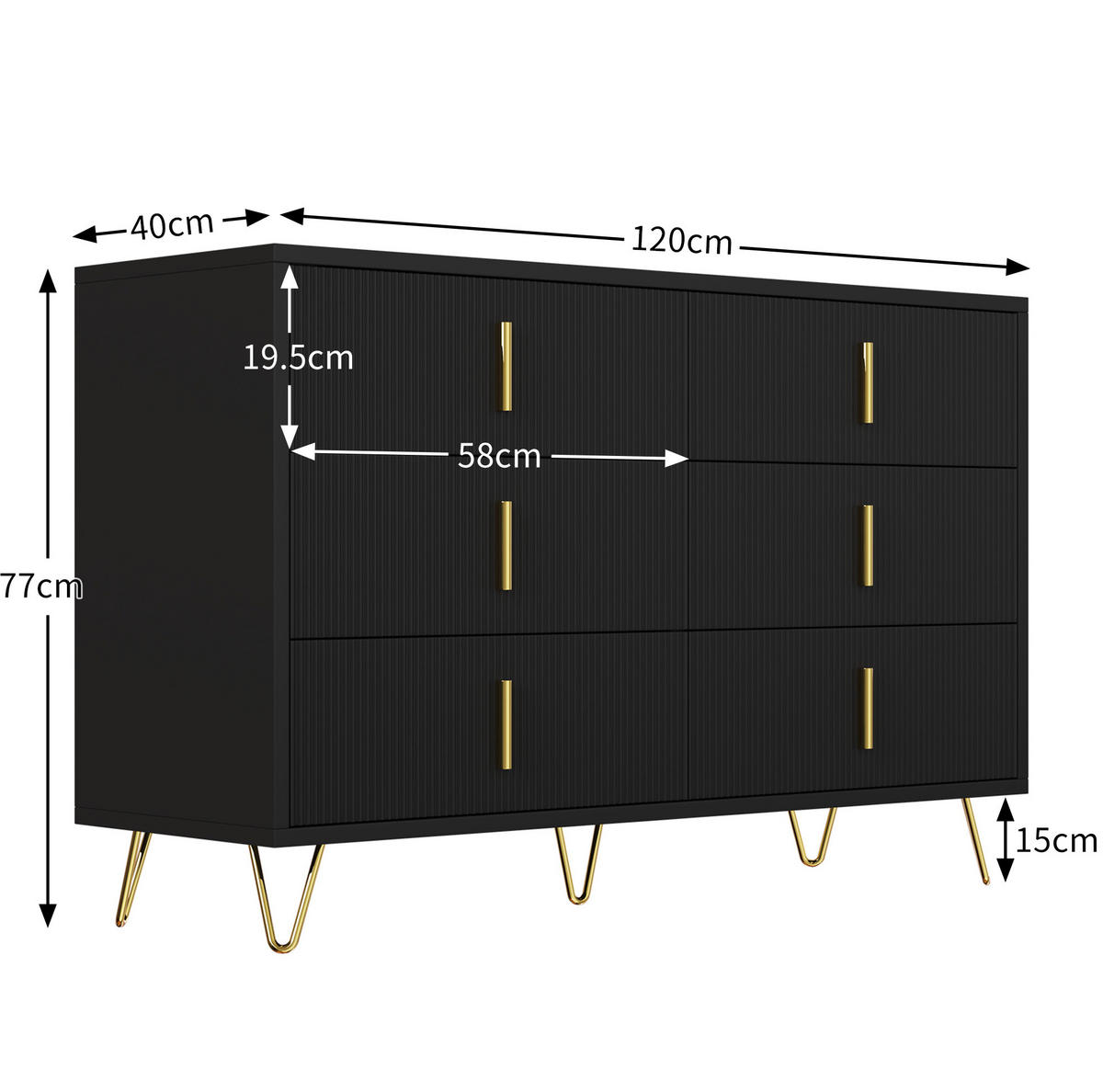 SIDEBOARD 120/40/77 cm mit 6 Schubladen, Wellenfront und goldfarbenen Griffen aus Spanplatte, Schwarz/Gold - Schwarz, Holzwerkstoff (120/77/40cm) - Redom