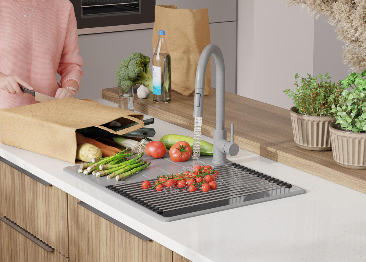 SPÜLBECKEN Kopenhagen, 2-er set Grau 62/50 cm 1 Becken + Ablauf-Set + Schneidebrett ab 45er Unterschrank - Beige/Grau, Kunststoff (62/20/50cm) - Primagran