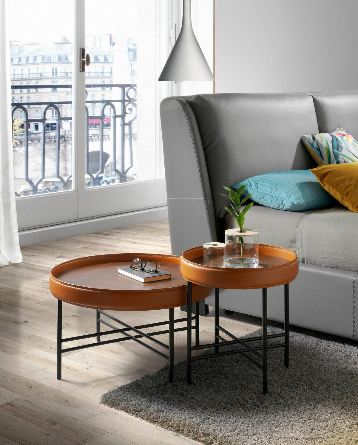 COUCHTISCH Runder Schwarz , Walnuss , Cognac 62/62/35 cm - Nussbaumfarben/Schwarz, Metall (62/62/35cm) - ANGEL CERDA