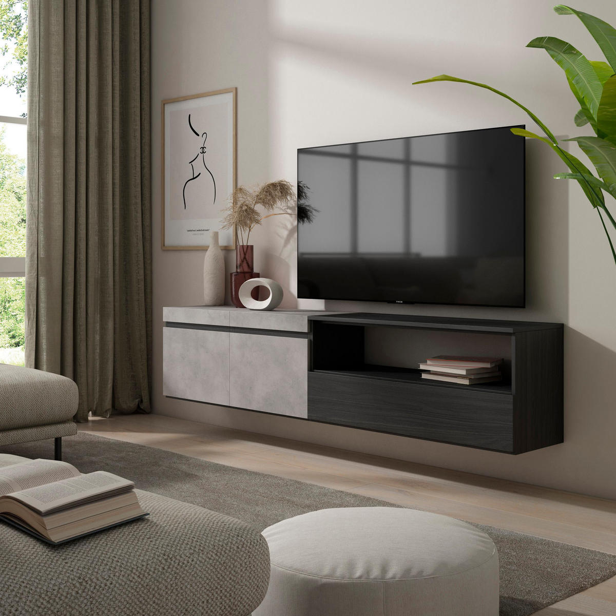 LOWBOARD Hängend, zementgrau, 200/35/45cm - Hellgrau, Holzwerkstoff (200/45/35cm) - Skraut Home